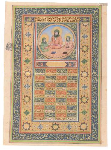 Shama'Il Nama, Persia, 19thC, gouache, and gold painted miniature on paper representing on top Imam Ali and his sons Hasan and Hussein, furthermore Arabic and Persian text cartouches, surrounded by illuminated margins...