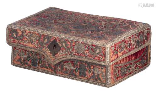 A Safavid Persian embroidery Quran casket decorated with metal thread and coloured beads depicting birds and flowers on a red velvet ground, the interior with a green velvet lining, H 14 - W 37 - D 26 cm, ,