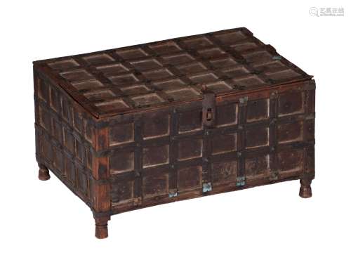 A walnut chest with wrought iron and brass fittings, the Middle East, H 20 - W 37 - D 27 cm