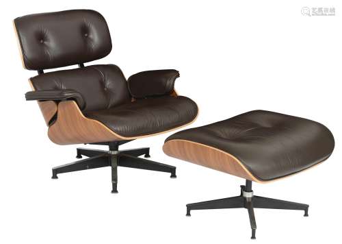A walnut and chocolate brown leather Eames lounge chair with a matching ottoman, design by Charles and Ray Eames for Herman Miller, a '00 edition, H 42,5 - 80 - W 67 - 86 cm