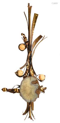 D'Haenens M., a brass vintage wall lamp, decorated with minerals and semi-precious stones, 1970/1980, H 157 cm