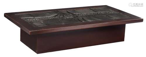 A vintage coffee table with a black glazed ceramic relief top by Deforche E., monogrammed E.D., and dated (19)77, H 32,5 - W 147,5 - D 78 cm
