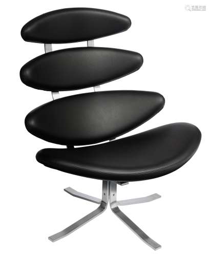 A 'Corona' chair, design by Erik Jorgensen for Poul Volther, black leather on a stainless steel frame, H 98 - W 85 cm
