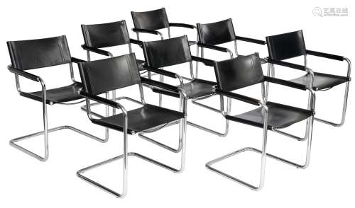 A set of eight design armchairs by Mart Stam for Linea Veam, chromed aluminium and black leather, H 78,5 - W 55 - D 56 cm