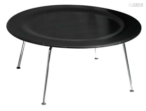 An Eames CTM coffee table, design for Vitra, black painted wood on a chrome frame, a 90’s edition, H 39 - ø 86 cm
