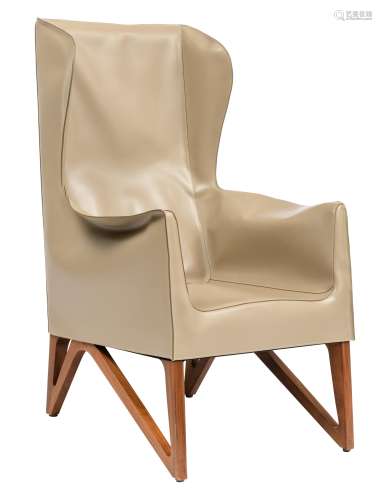 A Mobius 62930 bergère, design by Umberto Asnago for Giorgetti, beige leather upholstered on walnut feet, H 112 - W 74 cm