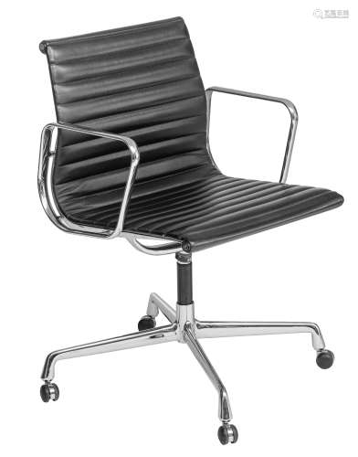 A black leather Eames EA108 alugroup chair, design for ICF, H 87 - W 56 cm