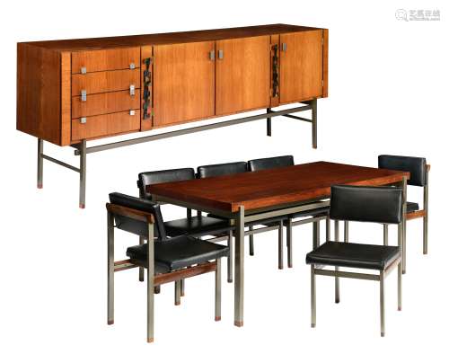 A vintage '60s rosewood veneered salon set, by Alfred Hendrickx, consisting of a dining table with six chairs and a sideboard, the sideboard decorated with colourful enamelled plaques, H 94 - W 240 - D 46,5 cm (the si...