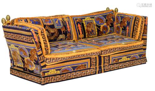 A vintage 'Knole' type flaired arm sofa, design by Stefano Giovanni, upholstered with a Versace fabric of jaguars, giraffes, zebras and turtles, the corners decorated with bronze pine cones, H 91 - W 232 - D 91 cm