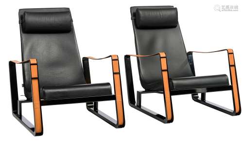A pair of 'Cité' armchairs, design by Jean Prouvé for Cassina, black leather and cognac leather armrests on a black painted aluminium frame, H 82,5 - W 68 cm