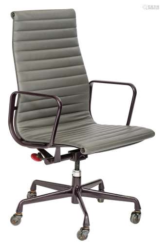 An Eames EA119 office chair, design for Herman Miller, grey leather on a purple painted metal frame, H 104 - W 58 cm