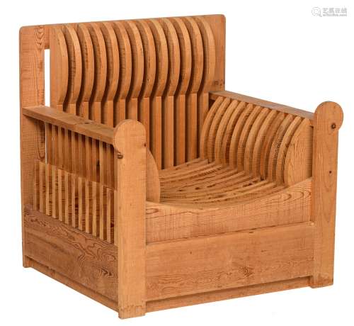 A rare Lounge Chair, Russian pine 'Mobili Nella Valle' (PC.1), design by Mario Ceroli for Poltronova, the 60's, marked Ceroli Poltronova, H 80 - W 77 - D 69 cm