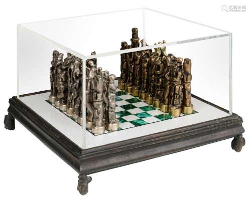 Canestraro L., chessboard, patinated bronze pieces on a Carrara marble and green vulcanic stone board, in a bronze frame, the whole under a plexi bell jar, H 42 - 62,5 x 62,5 cm, Is possibly subject of the SABAM legis...