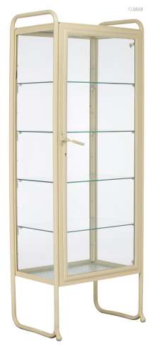 A vintage mid-century medicine display cabinet, beige painted metal and glass, H 172 - W 65 - D 40 cm