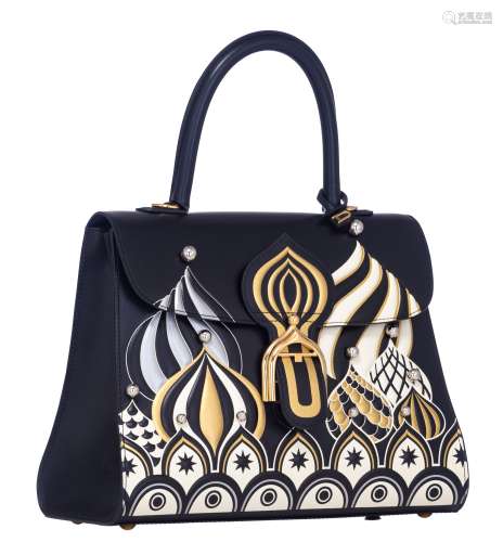 A black leather Delvaux Brillant Bolshoi MMS 'Winter Rhapsody' handbag, displaying Slavic winter landscapes with the enchanting domes of Byzantine architecture, 3D printed, H 21,5 cm
