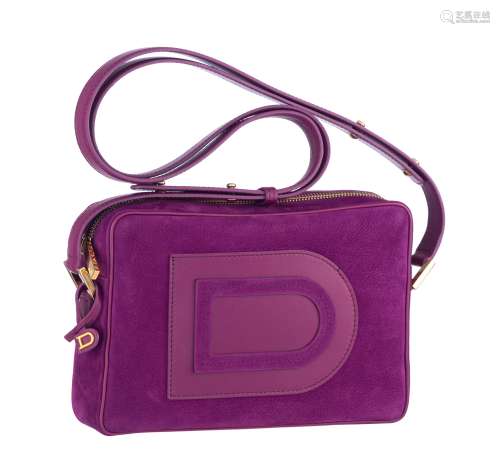 A purple denim Delvaux Louise cross over camera bag, H 15 - W 23 - D 5 cm