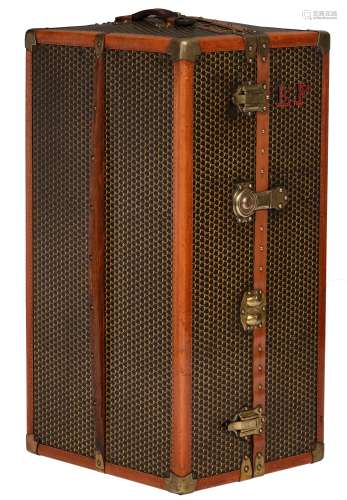 An exceptional 1920s Moynat leather travelling trunk with brass mounts, decorated with the hand-painted typical 'M'-pattern, monogrammed E.F., marked 'Malles Moynat, Paris', H 107 - W 57 - D 50 cm,