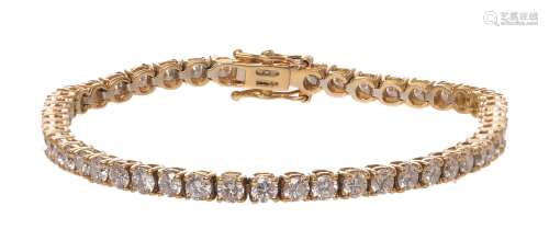An 18ct yellow gold bracelet rivière set with 52 brilliant-cut diamonds, L 18,2 cm, the total weight 13,2 g, with the matching cassette