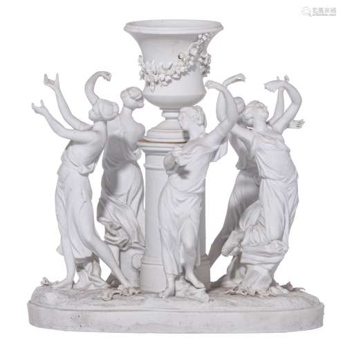 A fine biscuit centrepiece of five beauties dancing around a Medici vase, decorated with garlands, marked Sèvres, 19thC, H 27 - W 26 cm