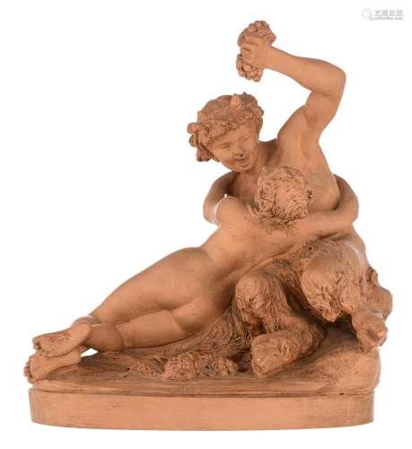 Clodion C., a bacchanal scene of a satyr and a beauty, terracotta, H 35 - W 36 cm