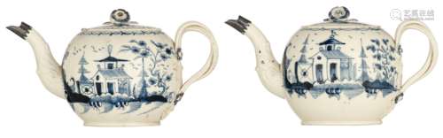 Two Whieldon creamware teapots, blue and white decorated with a chinoiserie, with silver mounts to the spout, no visible hallmarks but tested on silver purity, 18thC, H 11 cm