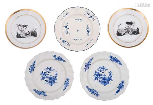 Two gilt decorated porcelain dishes, with a very fine hand-painted grisaille depicting gallant scenes, the first half of the 19thC, ø 22 cm. Added three blue and white decorated soft paste Tournai dishes, two dishes w...