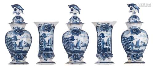 A blue and white relief decorated Delftware five-piece garniture, with on top bird-shaped knobs, the roundels depicting a marine, marked 'De Drie Klokken', 19thC, H 27 - 39 cm