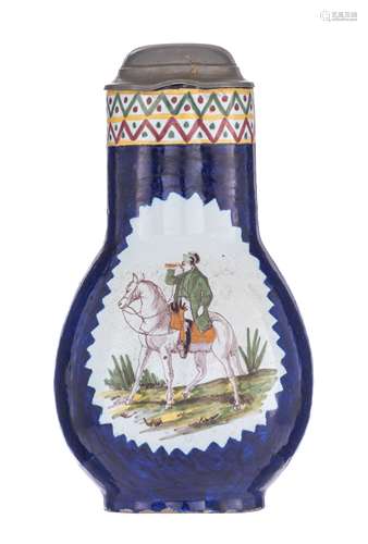 A cobalt glazed and polychrome decorated Brussels pottery jar with pewter mount, the roundel depicting Napoleon as a warlord, H 28 cm