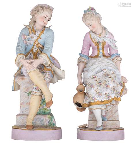 A pair of French polychrome and gilt decorated biscuit figurines, depicting a young couple in love, marked, H 49 - 50 cm