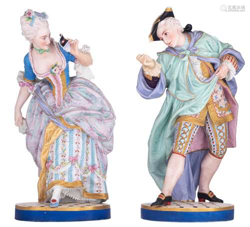 A large pair of French polychrome and gilt painted biscuit figurines of two lovers on a Venetian masquerade ball, marked 'Gille Jeune' (Jean Gille), 19thC, H 58,5 - 60 cm