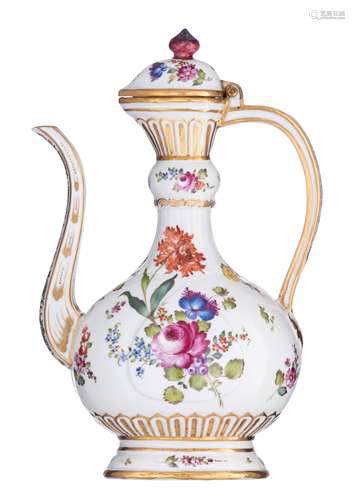 A polychrome and gilt decorated porcelain Persian inspired ewer (aftaba), probably a Samson copy after a Meissen model, marked, H 35 cm