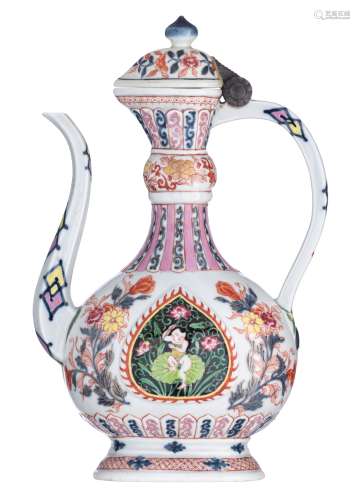 A French Samson Chinese-inspired rose Imari ewer for the Islamic market, the centre moulded with leaf-shaped panels decorated with a boy on a lotus leaf, 19thC, H 35 cm