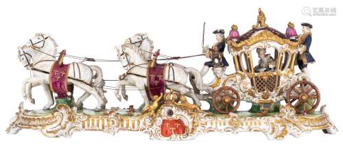 A polychrome and gilt decorated Saxony porcelain group depicting the bridal carriage, marked 'Unter Weiss Bach' H 30 - W 80 cm