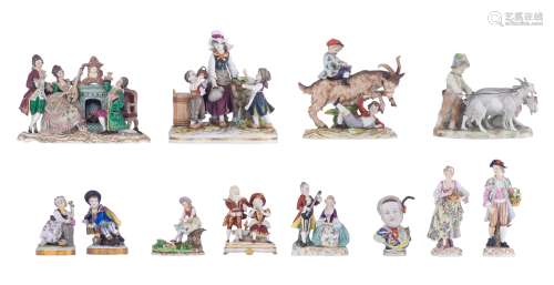 A large collection of polychrome decorated Saxony porcelain figurines and groups, containing: singing and music playing people in a Rococo interior, a young couple holding a letter, a girl feeding the ducks near the p...