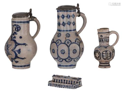 A collection of stoneware Westerwald items, consisting of an ink well, a small jug and two larger jugs with pewter mounts, one marked Antwerp, the other Mechlin, 17th - 18thC, H 4,5 - 31 - W 15 cm