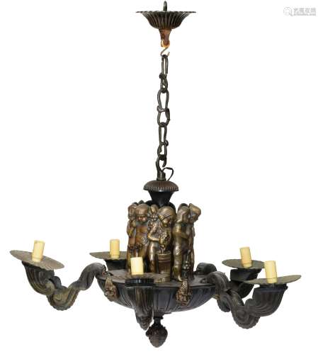 A 'Wiener Secession' patinated bronze chandelier, the top decorated with a basso-relievo frieze of Bacchus and putti, attributed to Gustav Gurschner, H 72 - ø 46 cm