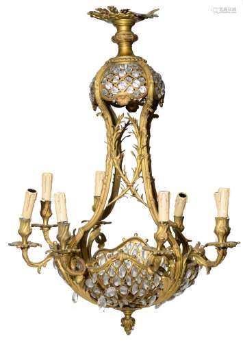 A large Neoclassical gilt bronze 'sac-à-perles' type chandelier, H 85 - ø 67 cm