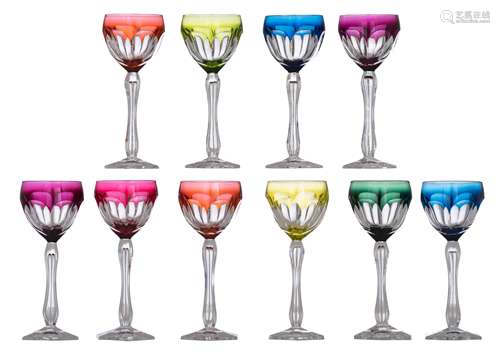 A collection of ten crystal cut Val-Saint-Lambert wine glasses, with various colours of overlay decoration, H 18,5 cm