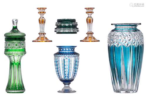 A quite important lot of Val-Saint-Lambert and Bohemian crystal items: a green overlay crystal VSL bonbonière, a blue overlay crystal baluster shaped vase, a bigger blue overlay crystal vase, a high Bohemian crystal g...