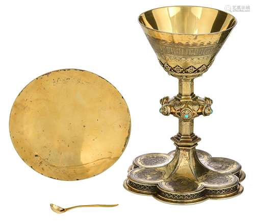 A silver and gilt silver Gothic Revival chalice splendidly engraved with the four Evangelists, Jesus and Maria and various gothic ornaments and religious symbols, made for the ordination of Father L.J. Dehulster - 188...