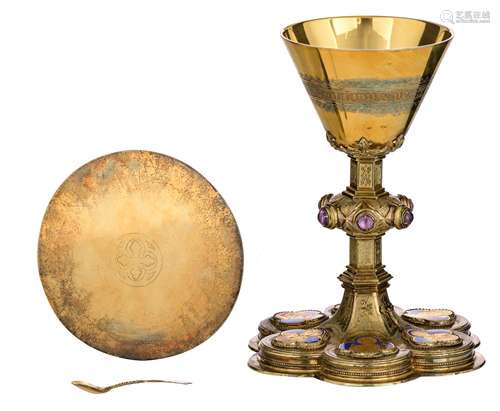 A six-lobed silver, gilt silver and partly blue enamelled Gothic Revival chalice set with cabochon-cut amethysts engraved with various saints set in quatrefoils, made by J Vandamme - Bruges, weight c. 845 g - H 21,5 c...