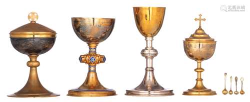 Two ciboria and two chalices with only the cup itself made out of silver / gilt silver, the feet and stem made out of silver-plated metal: one personalized and engraved with the name of Monsieur Georges de Thibault de...