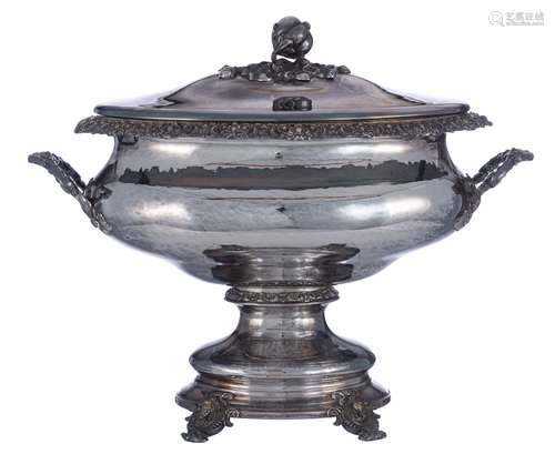 An imposing French early 20thC Rococo Revival silver-plated tureen and cover, with removable inner tray, maker's mark ‘Veyrat à Paris’ H 37 - W 45 cm. Added two small silver-plated bowls