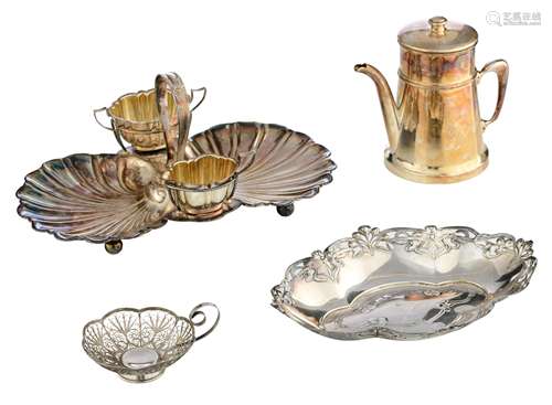 A charming lot of silver-plated tableware consisting of an English Edwardian EPNS double shell-shaped cake basket with additional creamer and sugar bowl, W 43 – H 19 cm, a WMF Art Nouveau breadbasket, W 33,5 cm, a 193...