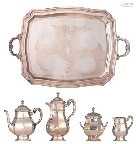 A five-piece Neoclassical silver coffee and tea set, made by Wolfers - Belgium (between 1892 - 1942), 800 - 830 - 833/000, H 13,8 - 26,5 cm, total weight: 4.311 g