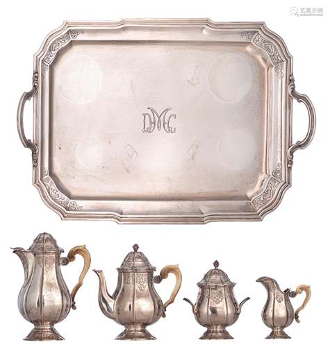 A six-piece Neoclassical silver coffee and tea set, with ivory handles, the tray monogrammed DMC, illegibly hallmarked, 950/000, H 15 - 44 cm, total weight: 7.649 g