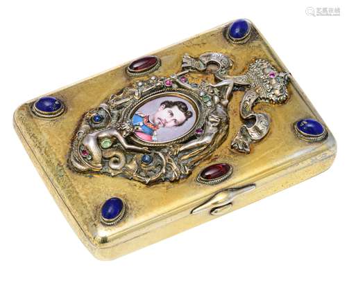 A Russian vermeil silver cigarette case, decorated with a crowned miniature portrait of Ludwig II of Bavaria and inset with semi-precious stones, hallmarked 84 Zolotniki, H 11,8 - W 8,5 cm, weight: 319 g