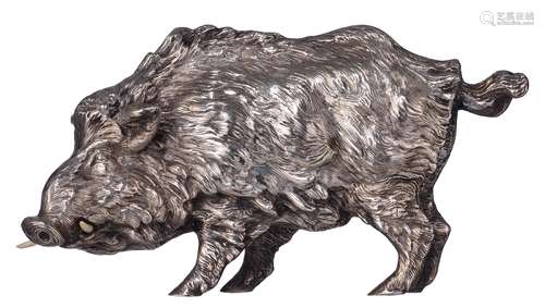 A silver wild boar with ivory tusks, 835/000, illegibly hallmarked, H 10,5 cm, ca. 571 g