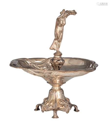 An Art Nouveau silver centrepiece, decorated with the lady in the centre holding a laurel wreath, German hallmarks, maker's mark Jacob Posen, 800/000, weight: about 562 g, H 28 cm