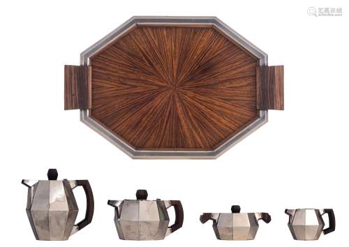 A silver Art Deco five-part coffee and tea set with rosewood handles, the octagonal rosewood veneered tray with a silver mount, Delheid Frères - Brussels (ca 1910 - 1942), 800/000, total weight (excl tray): about 1276...